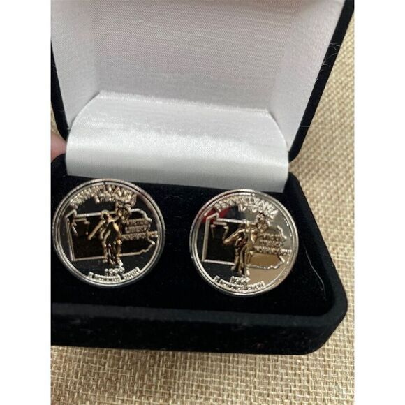 Pennsylvania Quarter Cufflinks Silver Bullet Back Men's Anniversary Gift - Picture 3 of 4